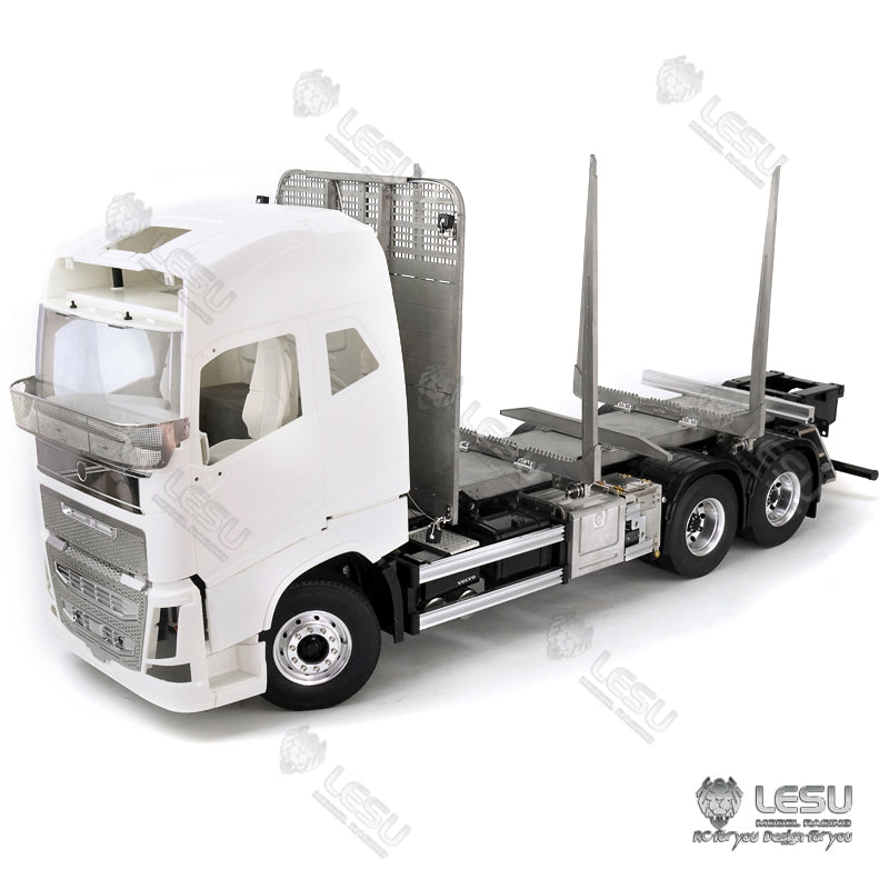 LESU 1/14 Tamiya Volvo FH16 truck model toy truck flatbed wood loaded tree cargo compartment with LED lights and winch
