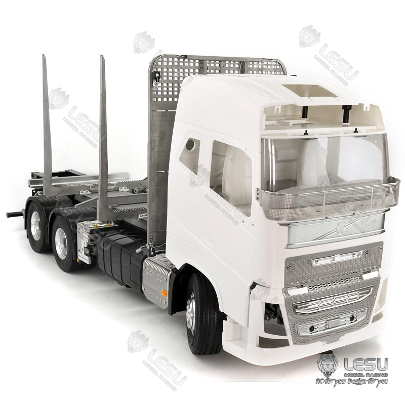 LESU 1/14 Tamiya Volvo FH16 truck model toy truck flatbed wood loaded tree cargo compartment with LED lights and winch