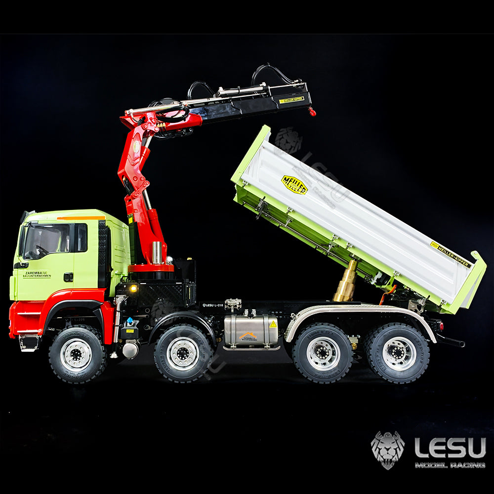 LESU 1/14 Hydraulic three-way bucket truck crane full unloading truck remote control metal toy