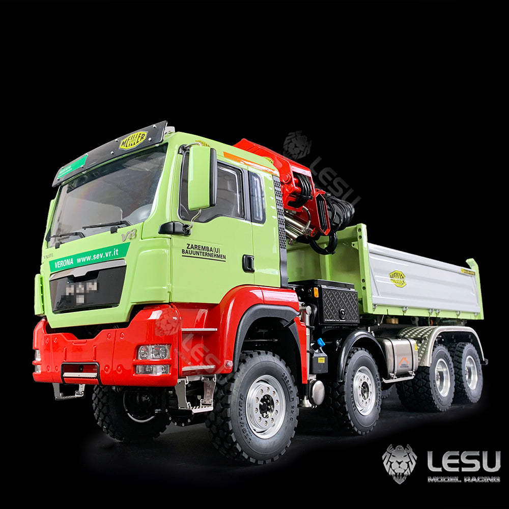 LESU 1/14 Hydraulic three-way bucket truck crane full unloading truck remote control metal toy
