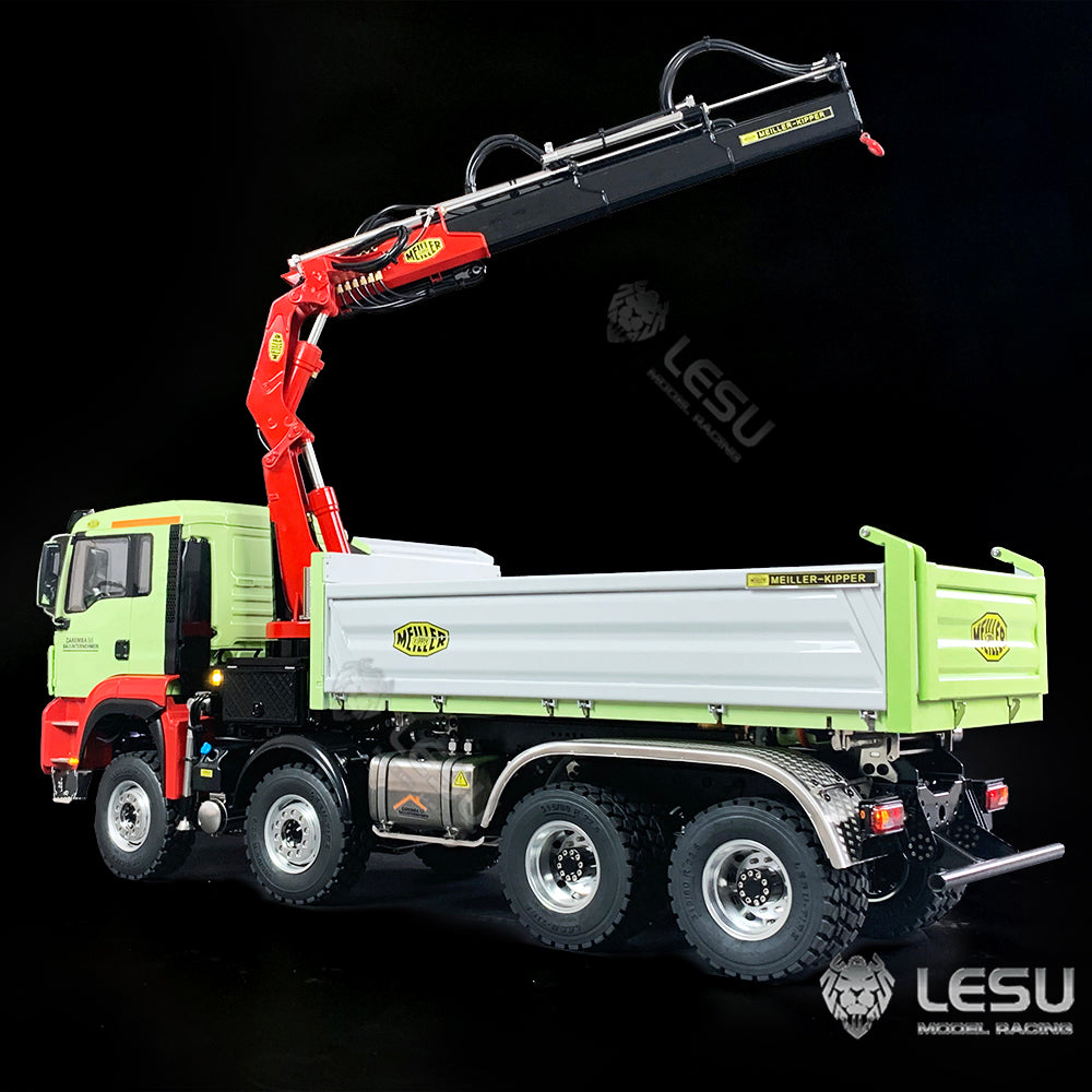 LESU 1/14 Hydraulic three-way bucket truck crane full unloading truck remote control metal toy