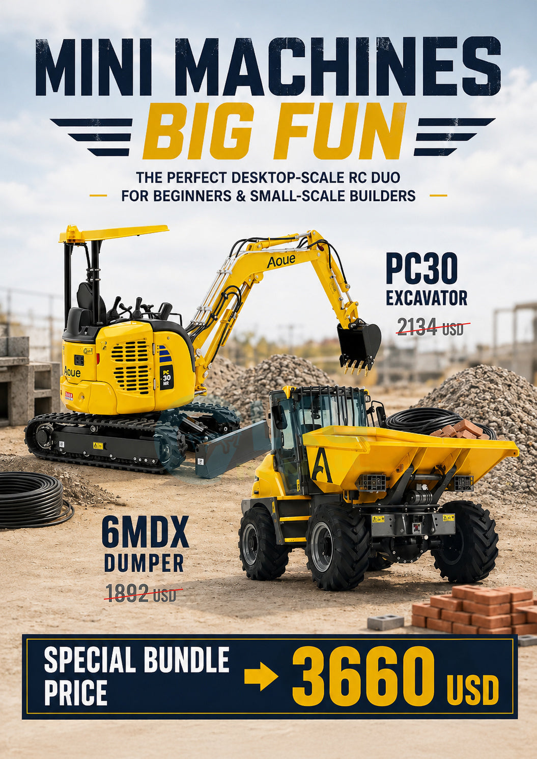 1/14 Scale BA-B0003 PC30 Excavator & RD-A0011 6MDX Dump Truck — Desktop-Sized Mini-Diorama Transport Operation Set