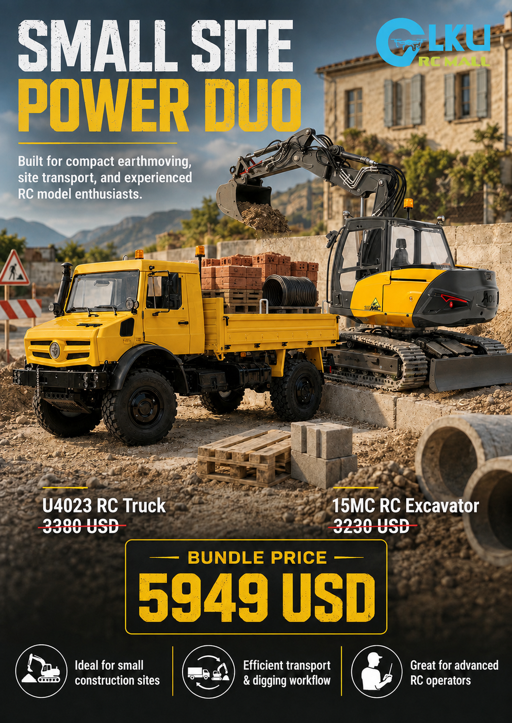 1/14 Scale BA-B0042 MC15 Excavator & MT-44023-Y Off-Road Truck (Hydraulic Version) — Small-Scale Construction Site Earthmoving and Transport Set