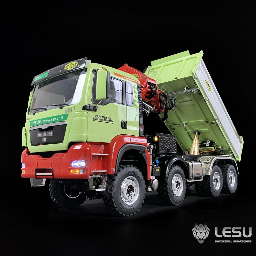 LESU 1/14 Hydraulic three-way bucket truck crane full unloading truck remote control metal toy