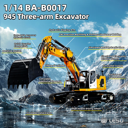 LESU 1/14 Engineering Remote Control Hydraulic Model Toy CNC 7-way Directional Valve Excavator Yellow Aoue-945 Three-section Arm
