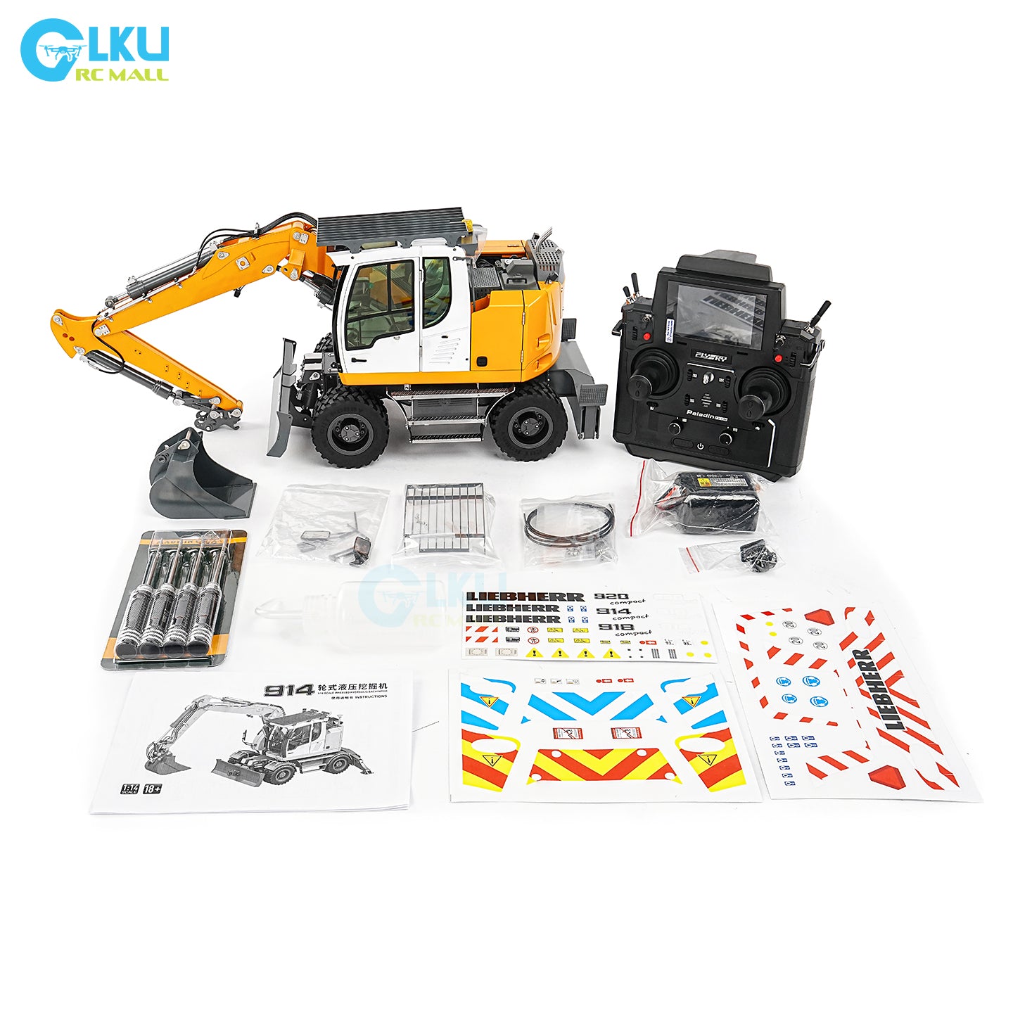 CUT 1/14 RC Hydraulic Wheeled Excavator LR914 8-ways Valve RTR Metal Remote Control 4*4 Digger Model Axle Lock Flysky PL18EV Lite