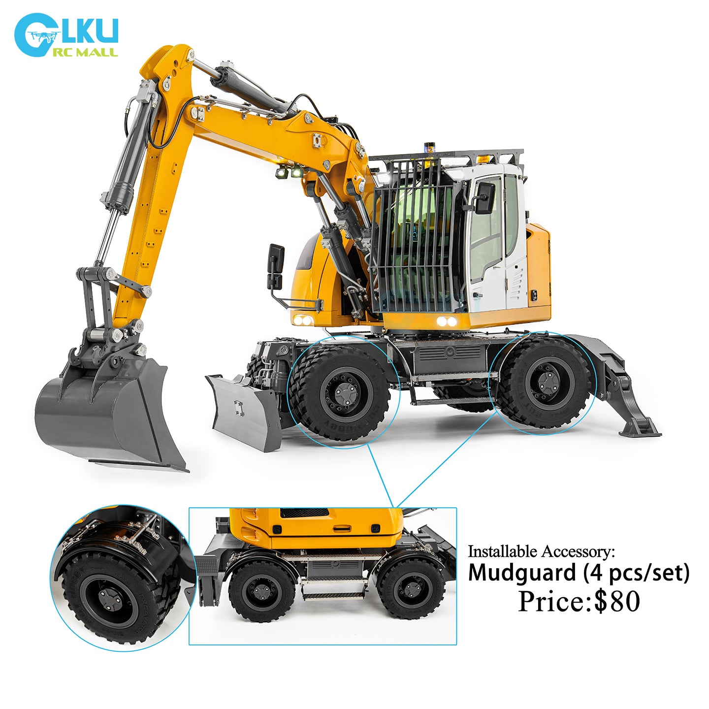 CUT 1/14 RC Hydraulic Wheeled Excavator LR914 8-ways Valve RTR Metal Remote Control 4*4 Digger Model Axle Lock Flysky PL18EV Lite