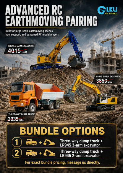 1/14 Scale BA-B0016 945 Excavator (Two-Piece Boom) or BA-B0017 945 Excavator (Three-Piece Boom) – Paired with LS-Z0018 6x6 Three-Way Dump Truck: Earth-Moving Transport Set for Medium-to-Large Construction Sites