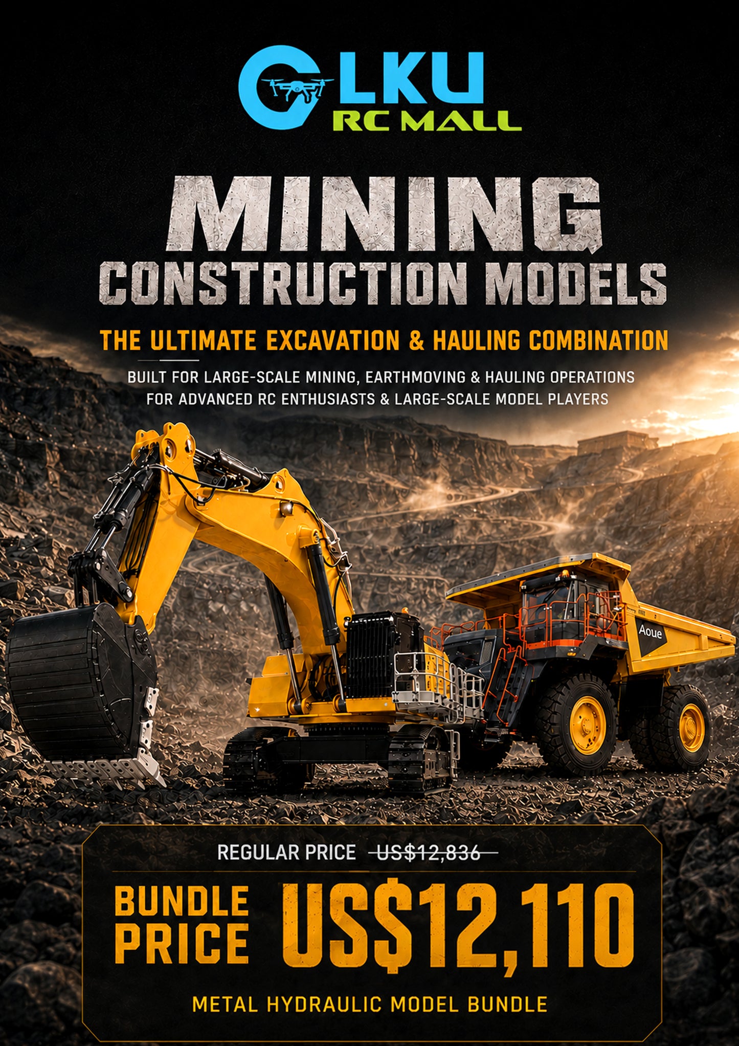 1/14 Scale BA-B0009 9150 Backhoe Excavator & RD-A0003 Mining Truck — Large-Scale Mining Site Earthmoving & Haulage Set