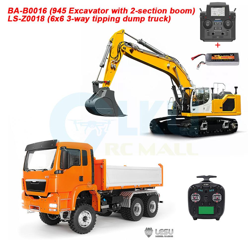 1/14 Scale BA-B0016 945 Excavator (Two-Piece Boom) or BA-B0017 945 Excavator (Three-Piece Boom) – Paired with LS-Z0018 6x6 Three-Way Dump Truck: Earth-Moving Transport Set for Medium-to-Large Construction Sites