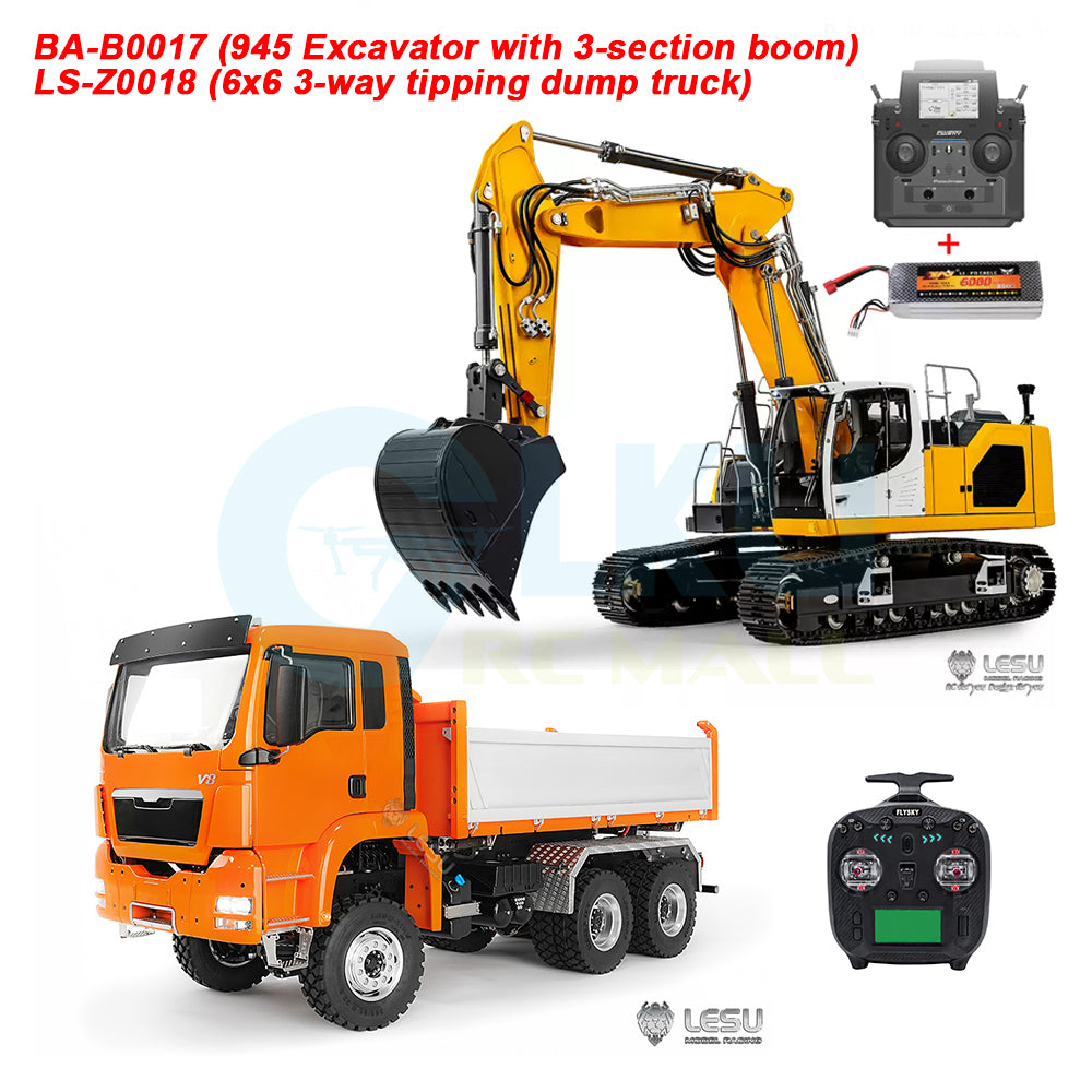 1/14 Scale BA-B0016 945 Excavator (Two-Piece Boom) or BA-B0017 945 Excavator (Three-Piece Boom) – Paired with LS-Z0018 6x6 Three-Way Dump Truck: Earth-Moving Transport Set for Medium-to-Large Construction Sites