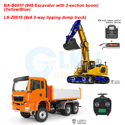 1/14 Scale BA-B0016 945 Excavator (Two-Piece Boom) or BA-B0017 945 Excavator (Three-Piece Boom) – Paired with LS-Z0018 6x6 Three-Way Dump Truck: Earth-Moving Transport Set for Medium-to-Large Construction Sites