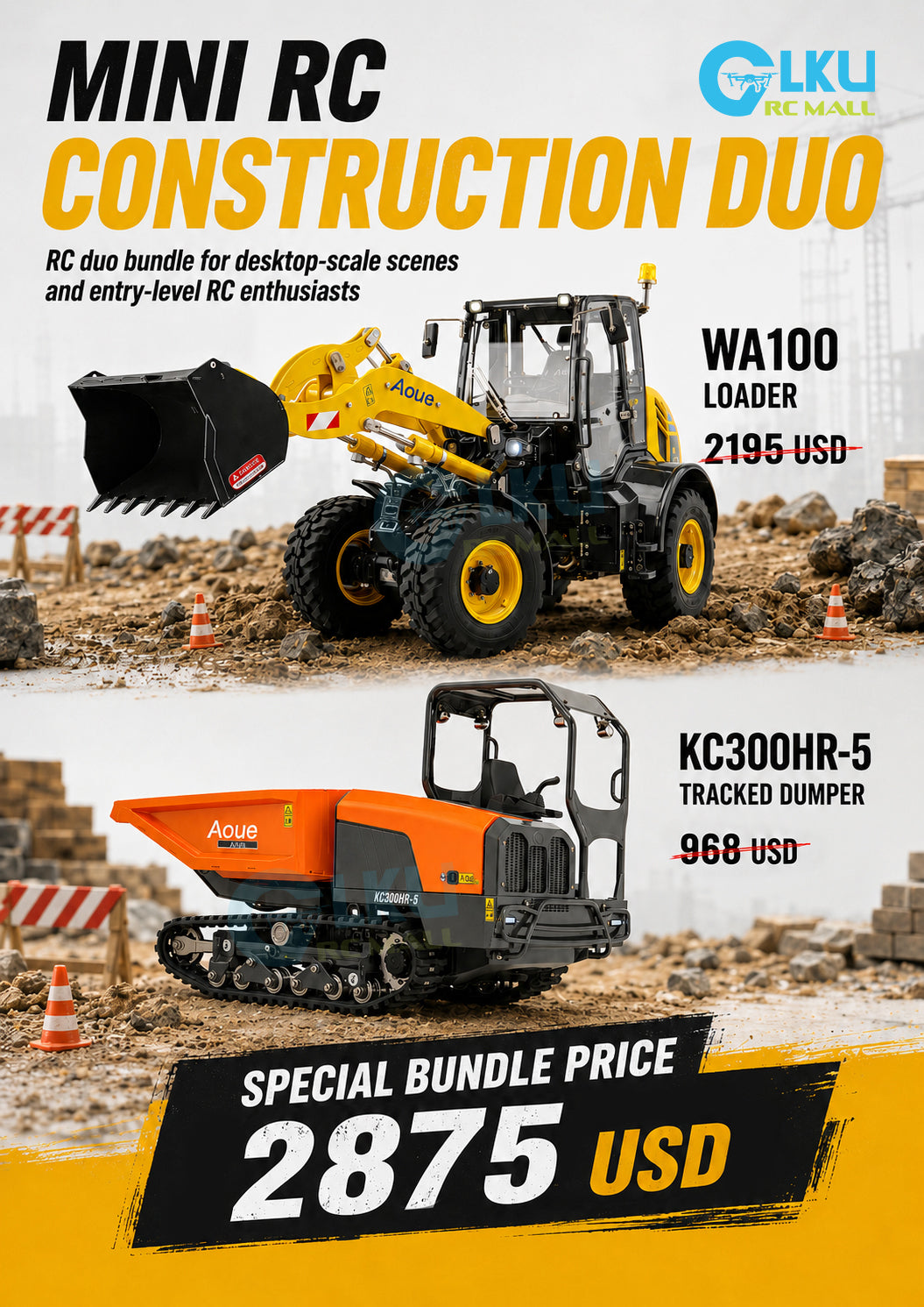 1/14 Scale RD-A0021 WA100 Loader & BA-B0035 Kubota Dump Truck — Desktop-Sized Mini-Diorama Transport Operation Set